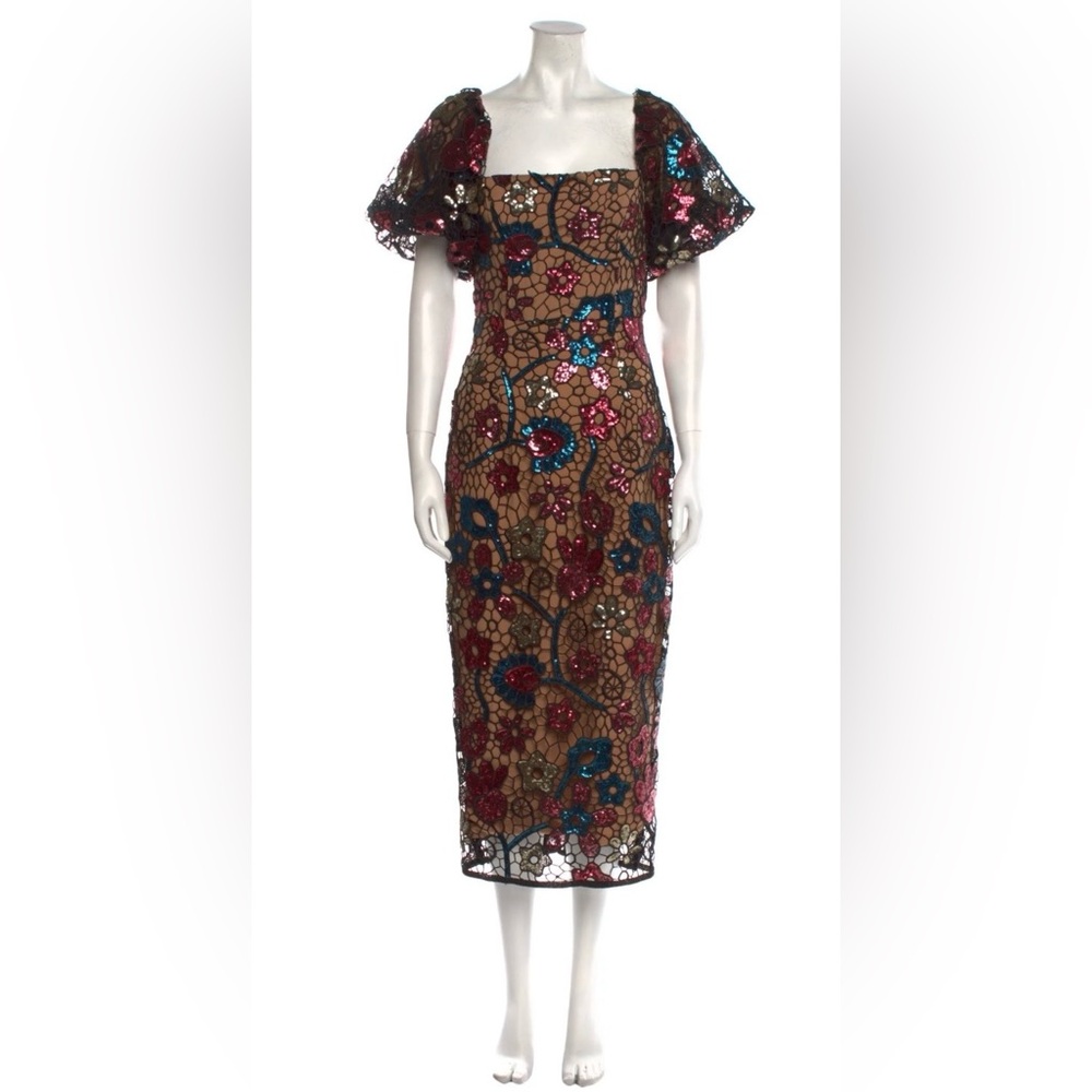 Elliatt Floral Embroidered Sequins Puff Sleeve Cocktail Midi New Small Prom